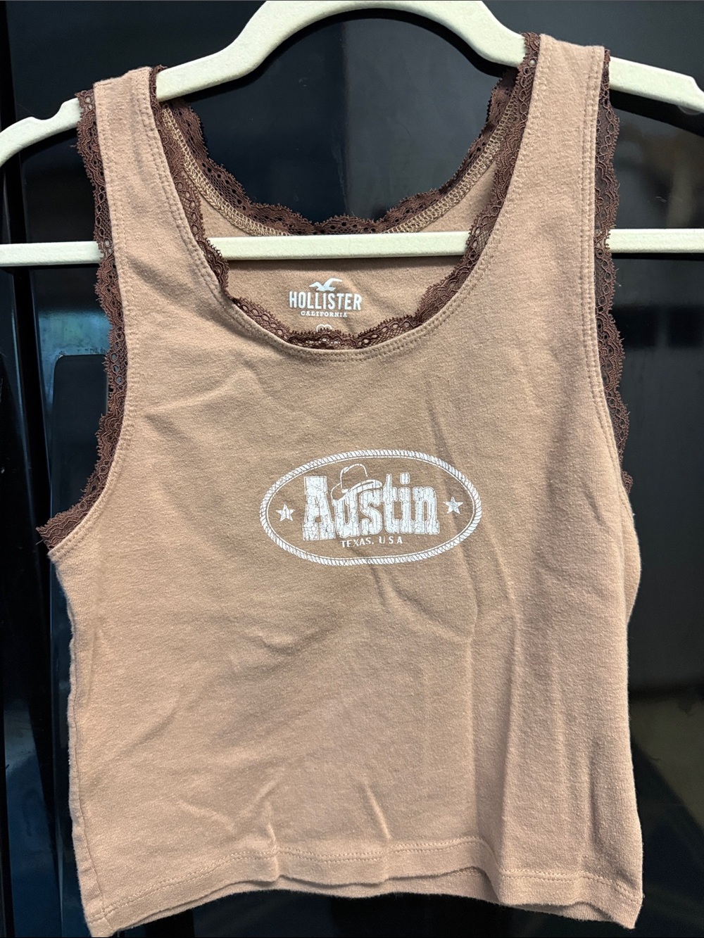 Hollister Women’s Taupe Austin Graphic Tank with Brown Lace Trim